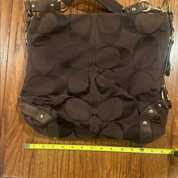 Coach Carly Brown Canvas Leather Trim Turnlock Zipper Closure Hobo Shoulder Bag - Picture 12 of 15